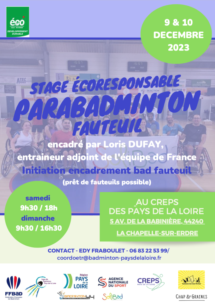 Stage para-badminton fauteuil au CREPS à La Chapelle sur Erdre les 9 et 10 décembre 2023